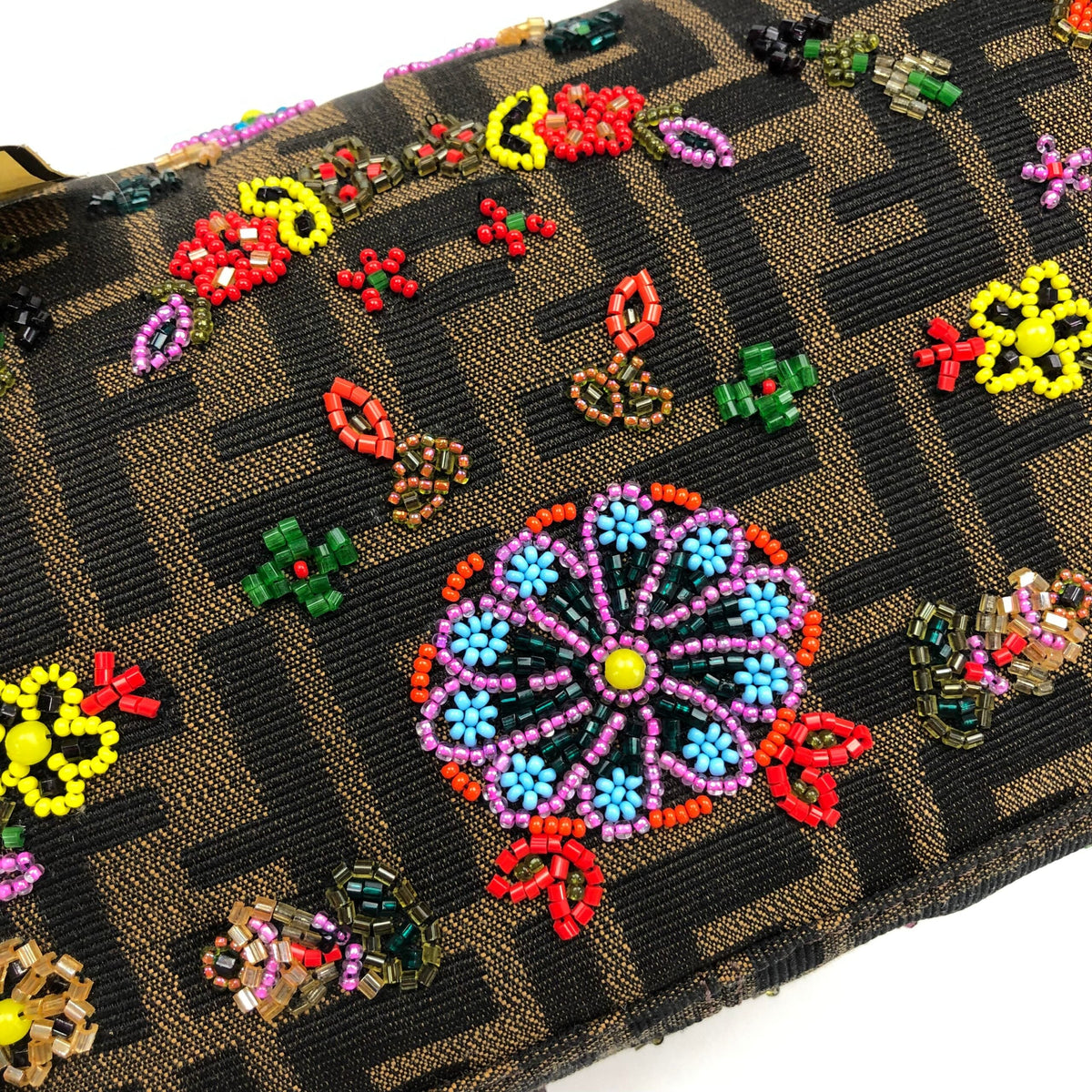 FENDI ZUCCA FLORAL BEADED BAGUETTE BAG WITH EXOTIC LIZARD DETAILING