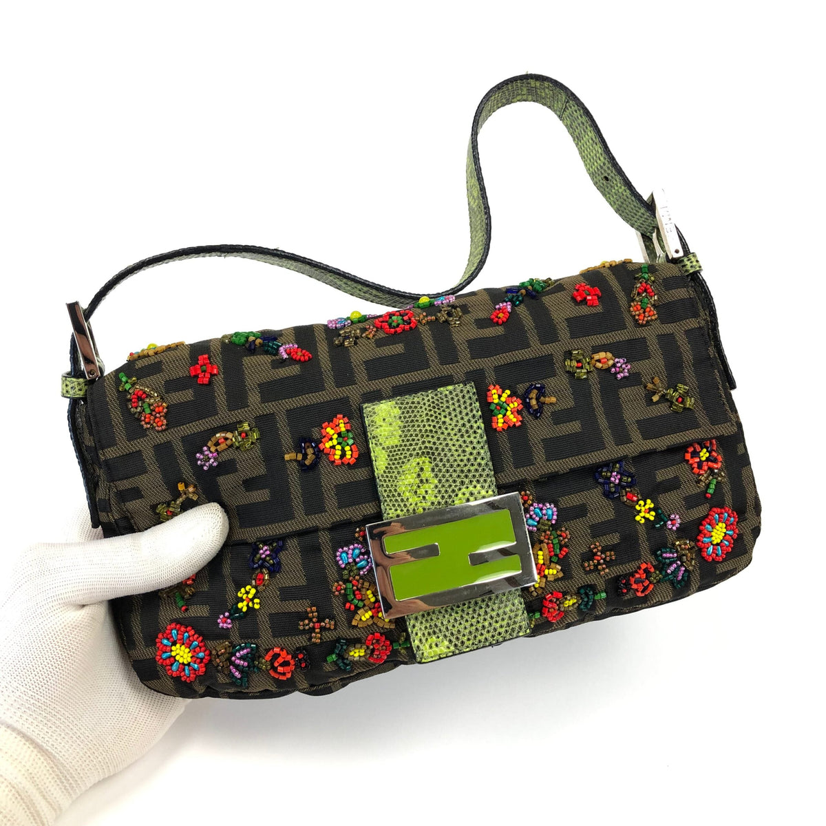 FENDI ZUCCA FLORAL BEADED BAGUETTE BAG WITH EXOTIC LIZARD DETAILING