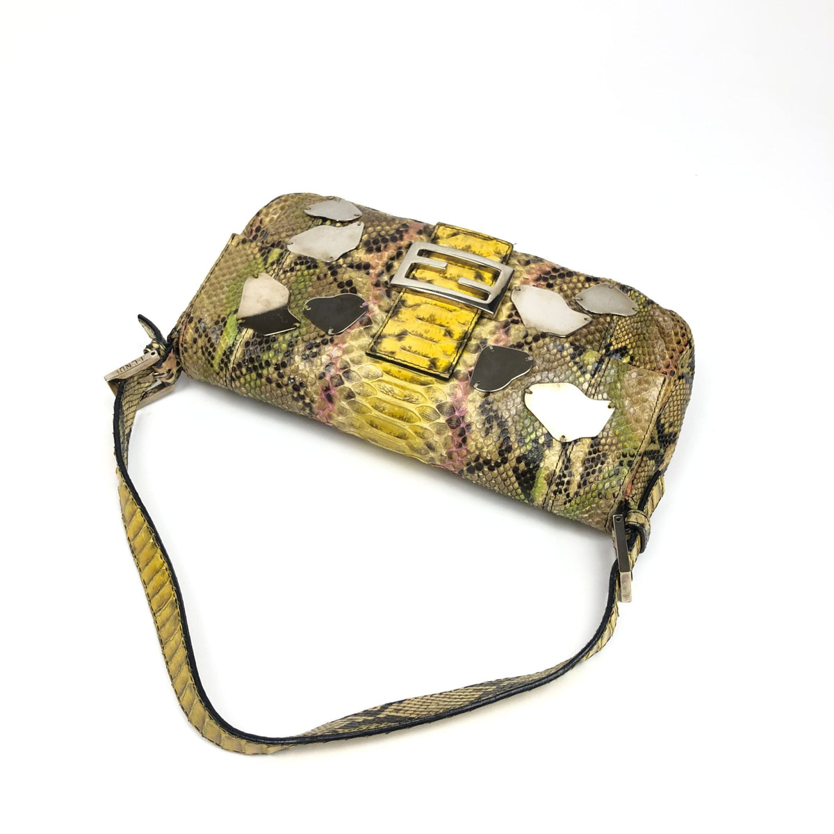 FENDI MULTI COLOUR PYTHON SNAKESKIN BAGUETTE SHOULDER BAG WITH METAL/MIRROR DETAILING